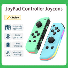A pair of green and blue Joy-Con style controllers for gaming