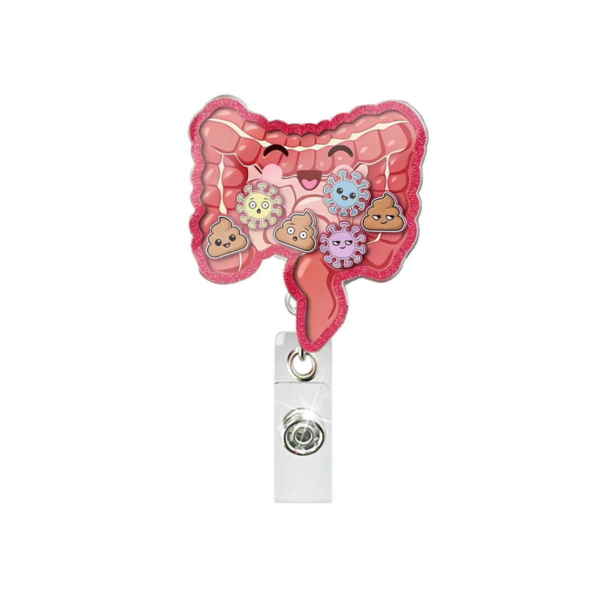 Anime large intestine shaped badge reel featuring cute, colorful illustrations of intestines
