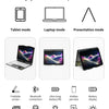 A foldable keyboard case with an RGB backlit trackpad shown in various modes: tablet, laptop, and presentation.