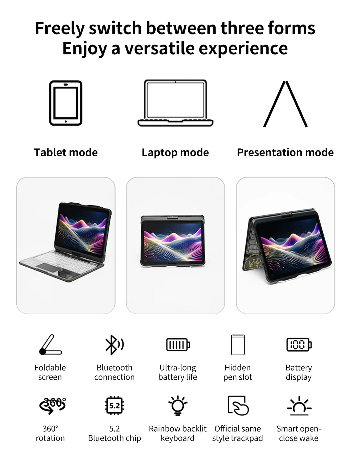 A foldable keyboard case with an RGB backlit trackpad shown in various modes: tablet, laptop, and presentation.