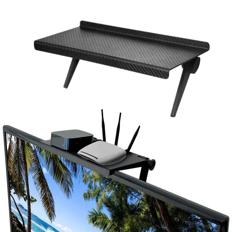 Schwarzes multifunktionales Display-Lagerregal, montiert an einem Computermonitor.