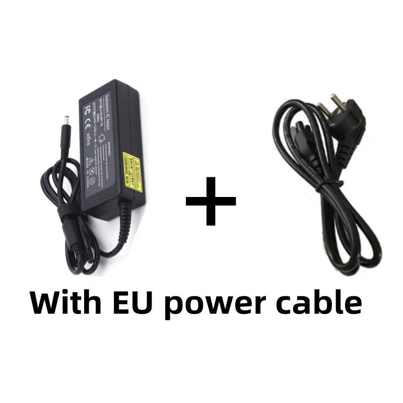 Schwarzes Laptop-Ladegerät mit EU-Netzteil und Pluszeichen.