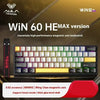 A close-up view of the Win 60 HE MAX version magnetic axis keyboard featuring a full layout and branding.
