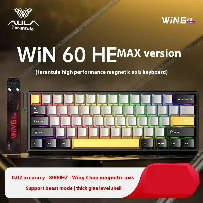 A close-up view of the Win 60 HE MAX version magnetic axis keyboard featuring a full layout and branding.
