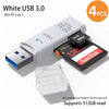 White USB 3.0 SD/TF card reader with a flash drive and storage cards shown in a product package.