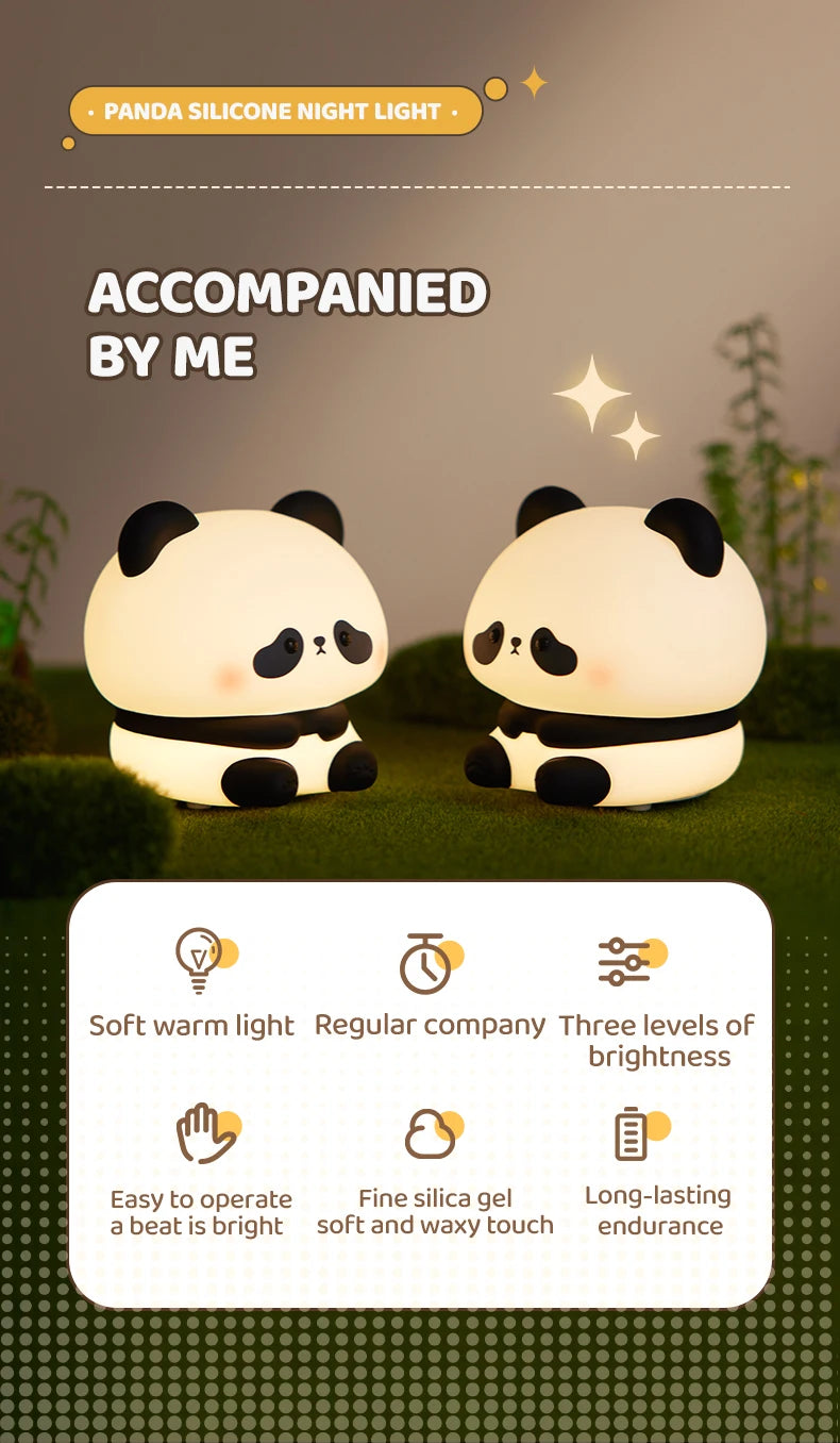 A pair of white panda silicone night lights are displayed against a green background, highlighting features like soft warm li