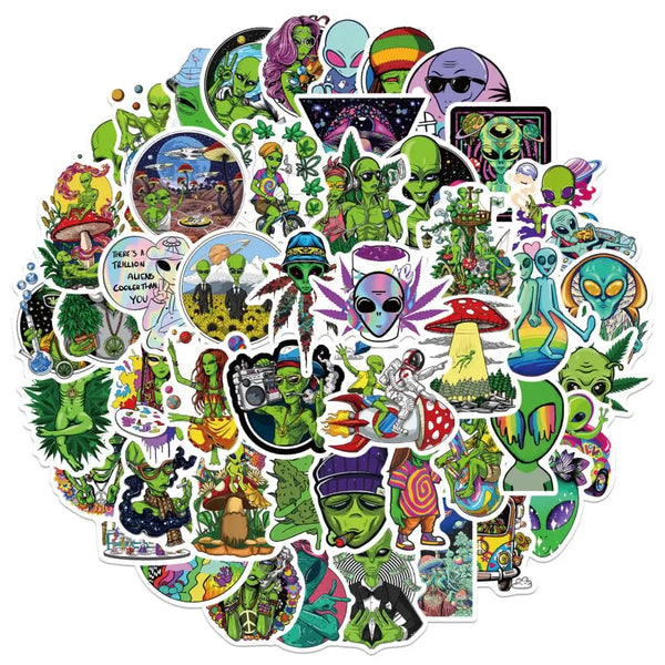A colorful sticker pack featuring psychedelic aliens and leaves in various styles and colors.