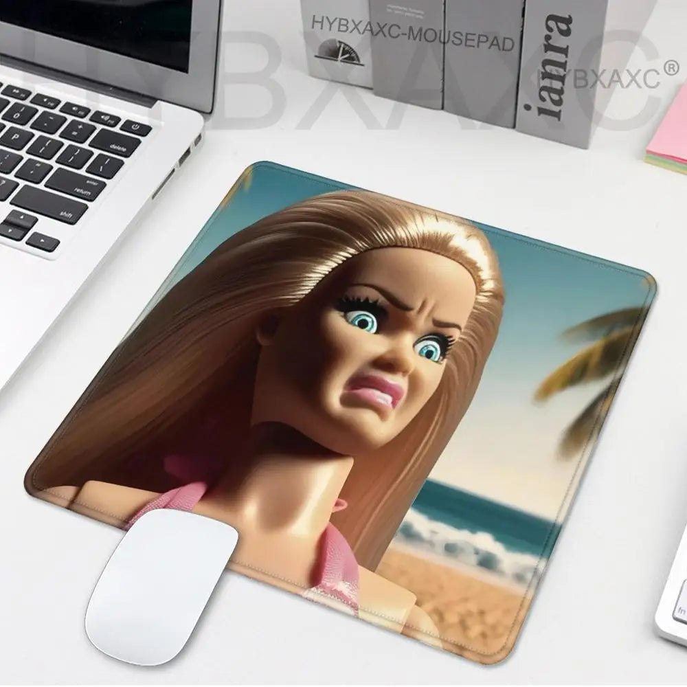 A realistic doll face featuring long brown hair and blue eyes is printed on a mouse pad.