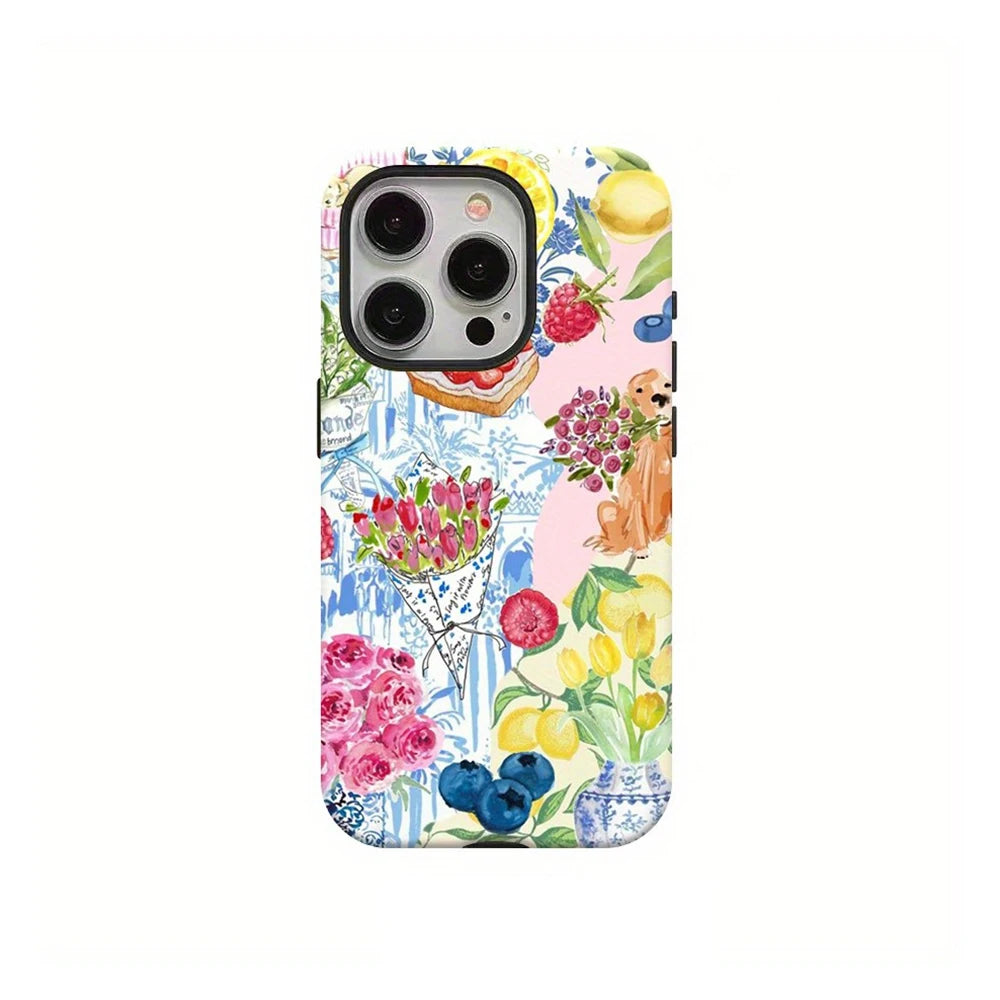 A phone case featuring a floral and fruit pattern with a camera cutout.