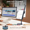 A black adjustable desktop monitor stand with an attached tablet displaying a graph and various icons.
