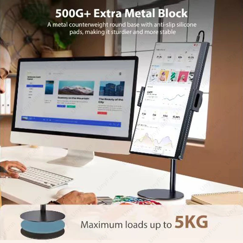 A black adjustable desktop monitor stand with an attached tablet displaying a graph and various icons.