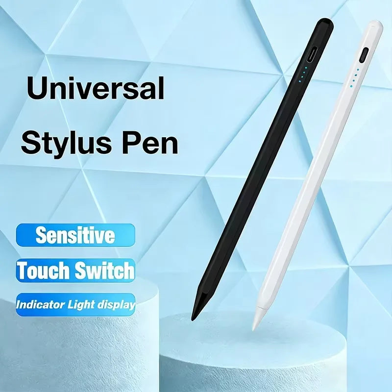 Stylus stylo universel noir et blanc sur fond géométrique bleu clair