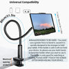 A black 360° rotating tablet and phone stand with a flexible spiral base shown in use.