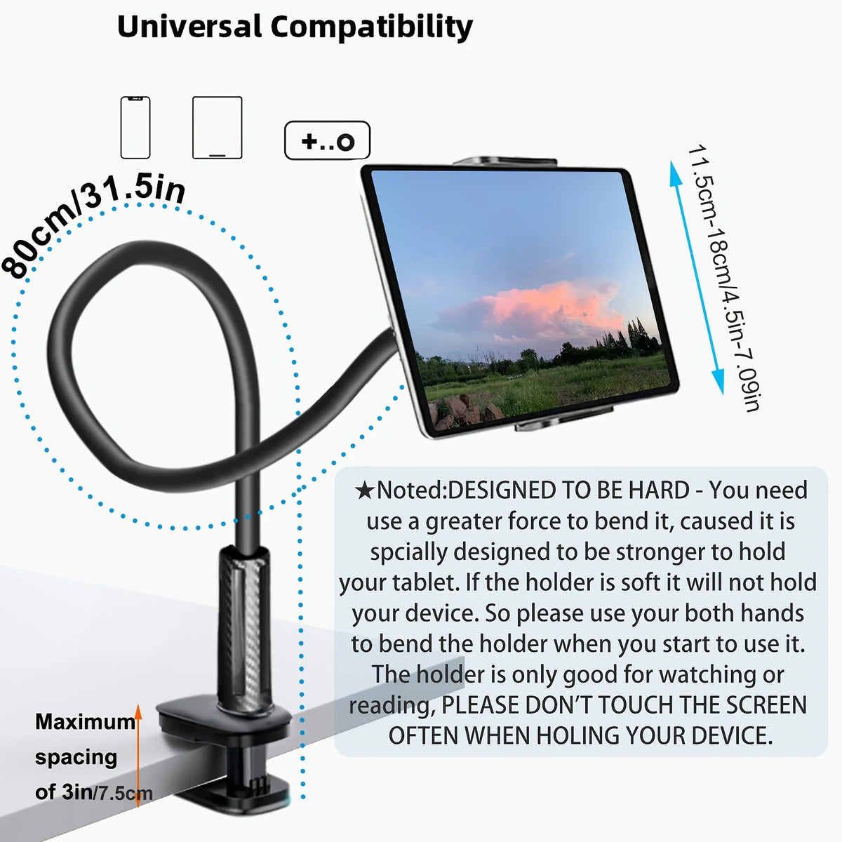 A black 360° rotating tablet and phone stand with a flexible spiral base shown in use.