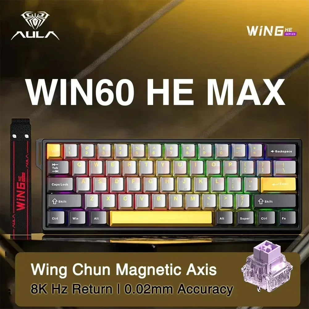 A close-up of the WIN60 HE MAX keyboard featuring a compact design and magnetic axis switches.
