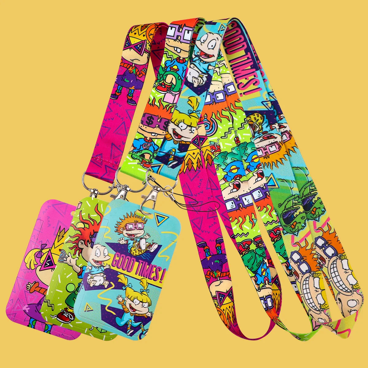 A colorful assortment of adjustable lanyards and keychains featuring cartoon characters and vibrant patterns.