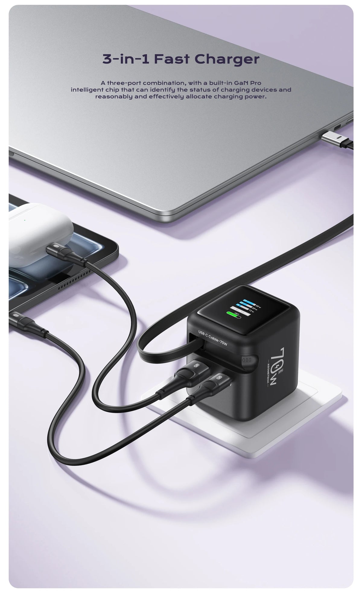 A 3-in-1 fast charger setup showing a GaN power adapter and a charging cable on a surface.