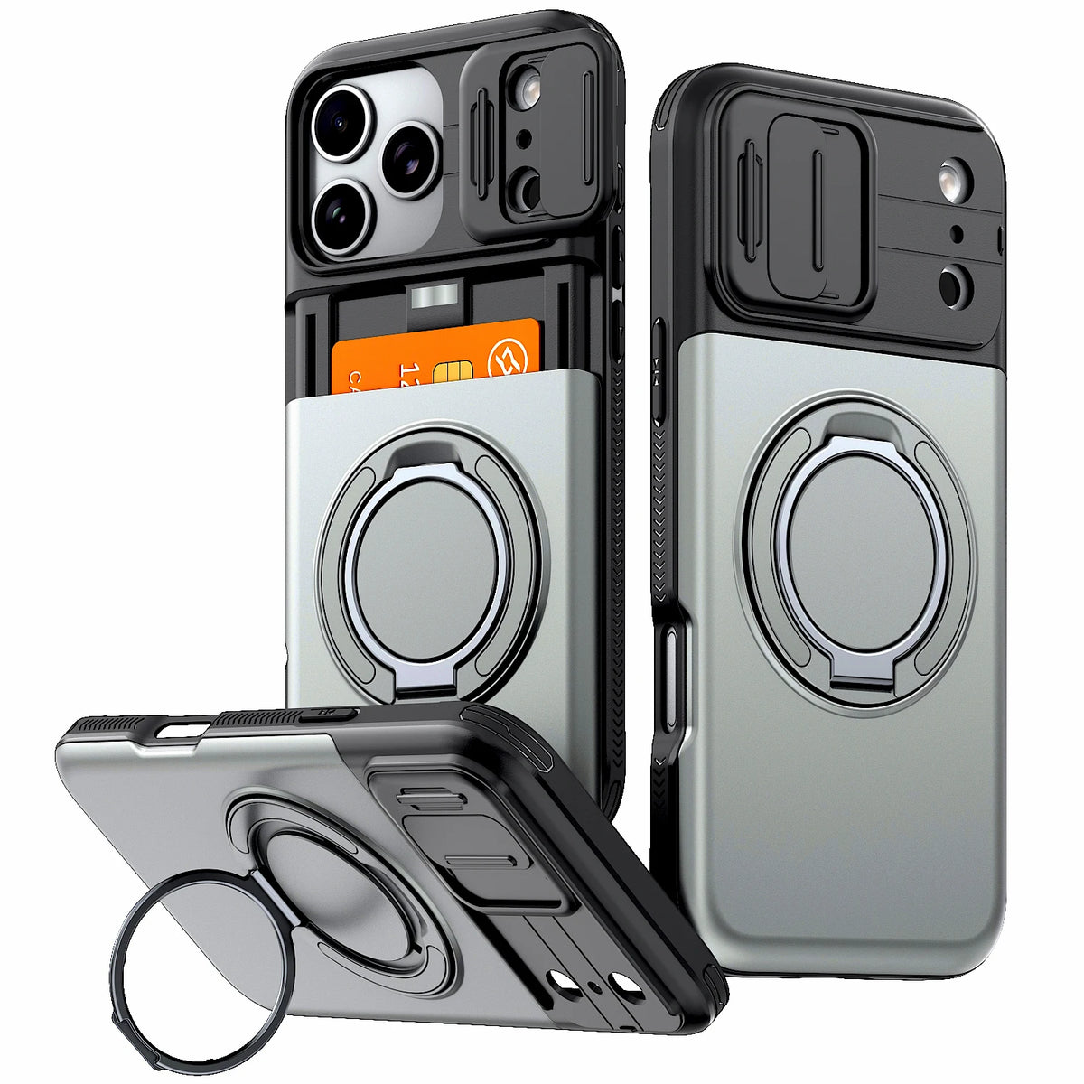 Silberne Premium-iPhone-Wallet-Hülle mit Ständer in verschiedenen Winkeln.