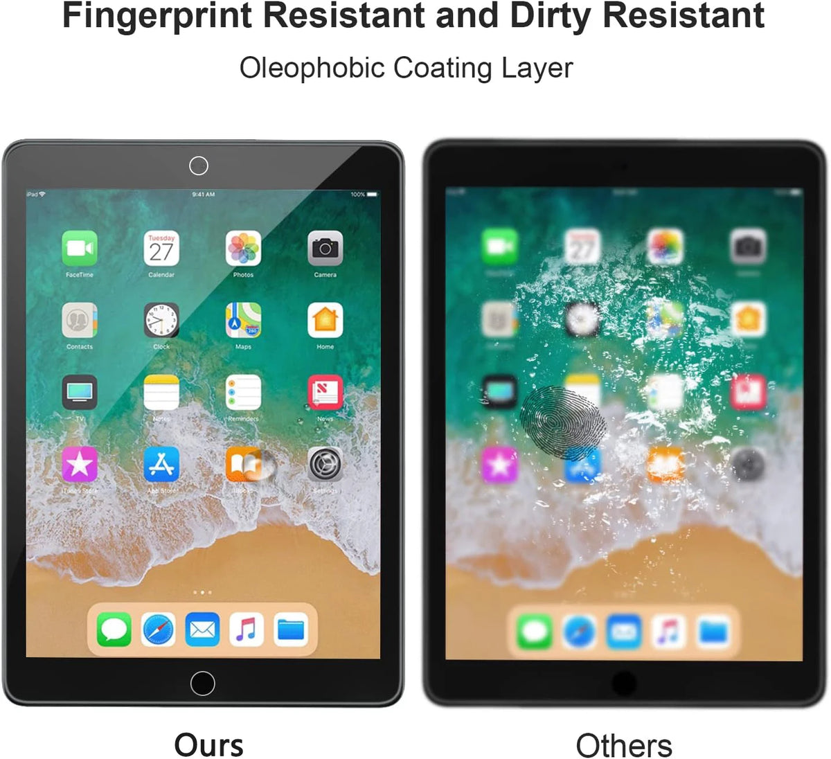 A comparison showing a fingerprint and dirt resistant oleophobic coating layer on two tablet screens.