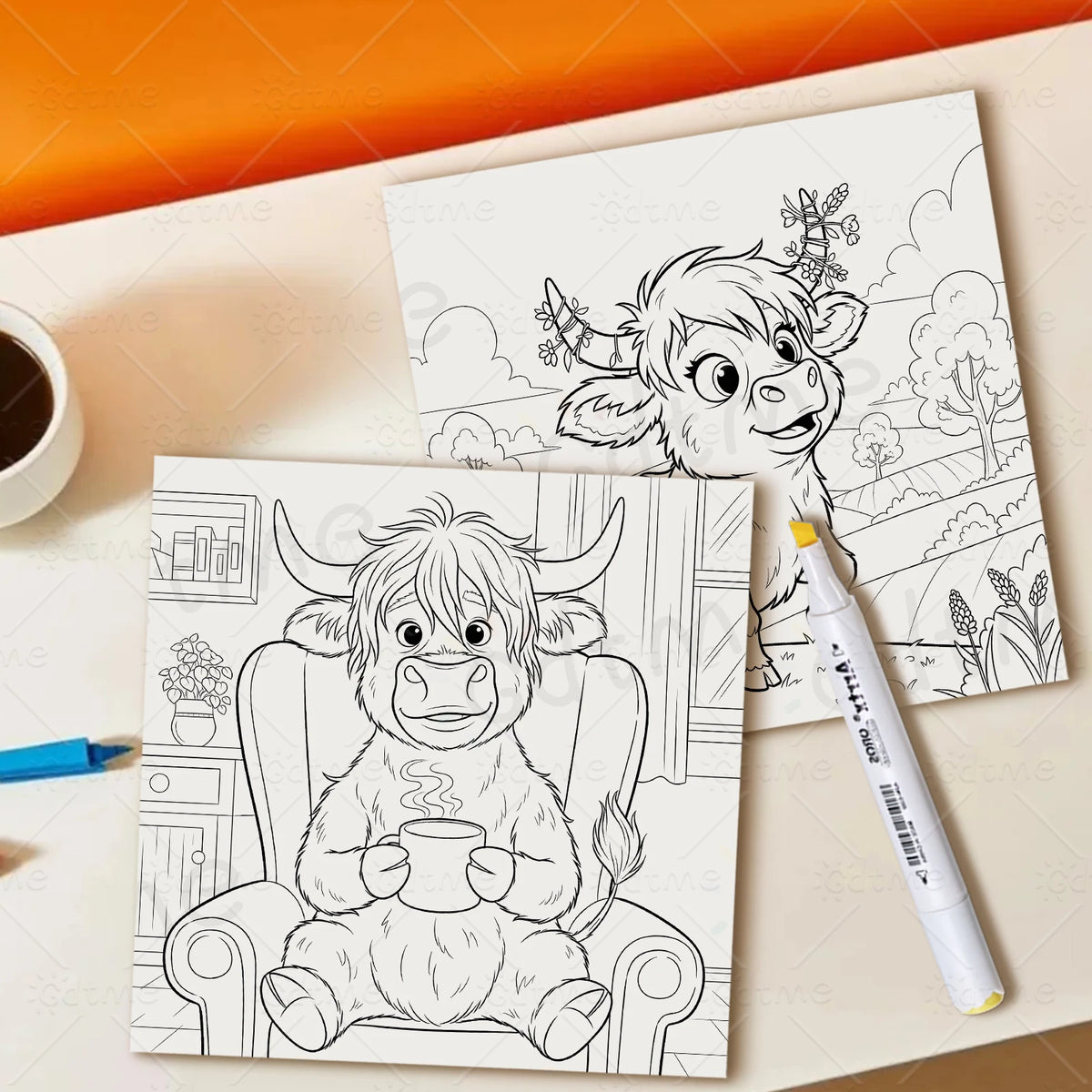 A black and white line drawing of a cow sitting in an armchair, suitable for an adult coloring book.