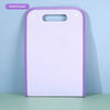 A purple portable accordion document organizer with a white interior and purple trim is shown against a light blue background
