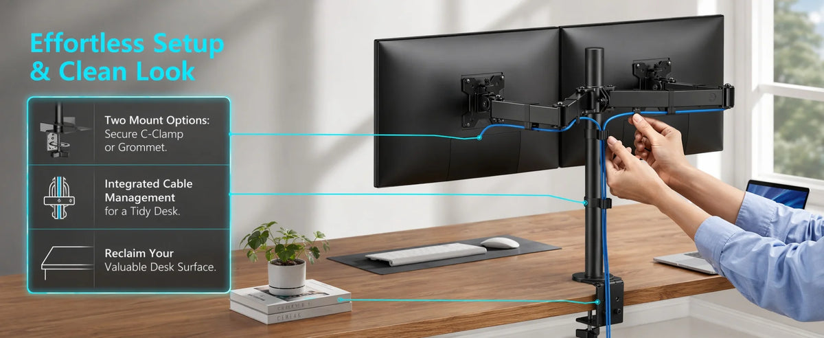 Hands adjust a heavy duty dual monitor desk mount system for an effortless setup and clean look.