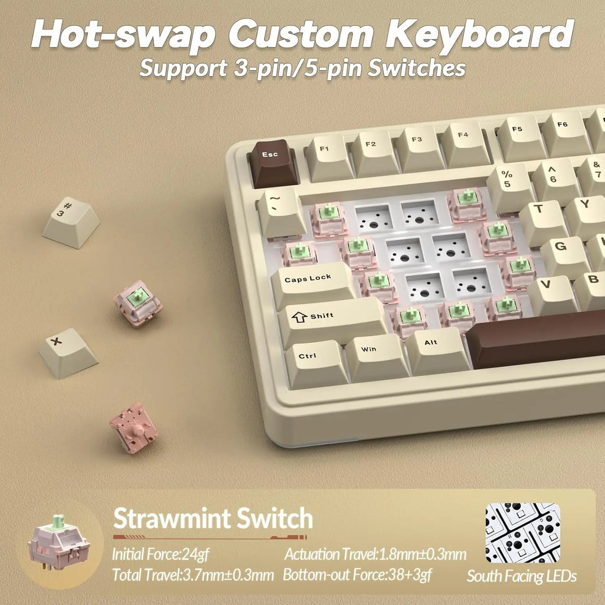 Hot-swap custom keyboard showing various 3-pin and 5-pin switches and keycaps.