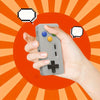 A hand holds a gray 4-in-1 USB hub with Type-C ports against an orange sunburst background.