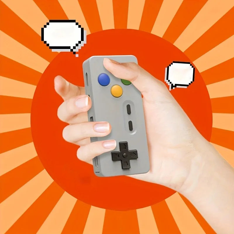 A hand holds a gray 4-in-1 USB hub with Type-C ports against an orange sunburst background.