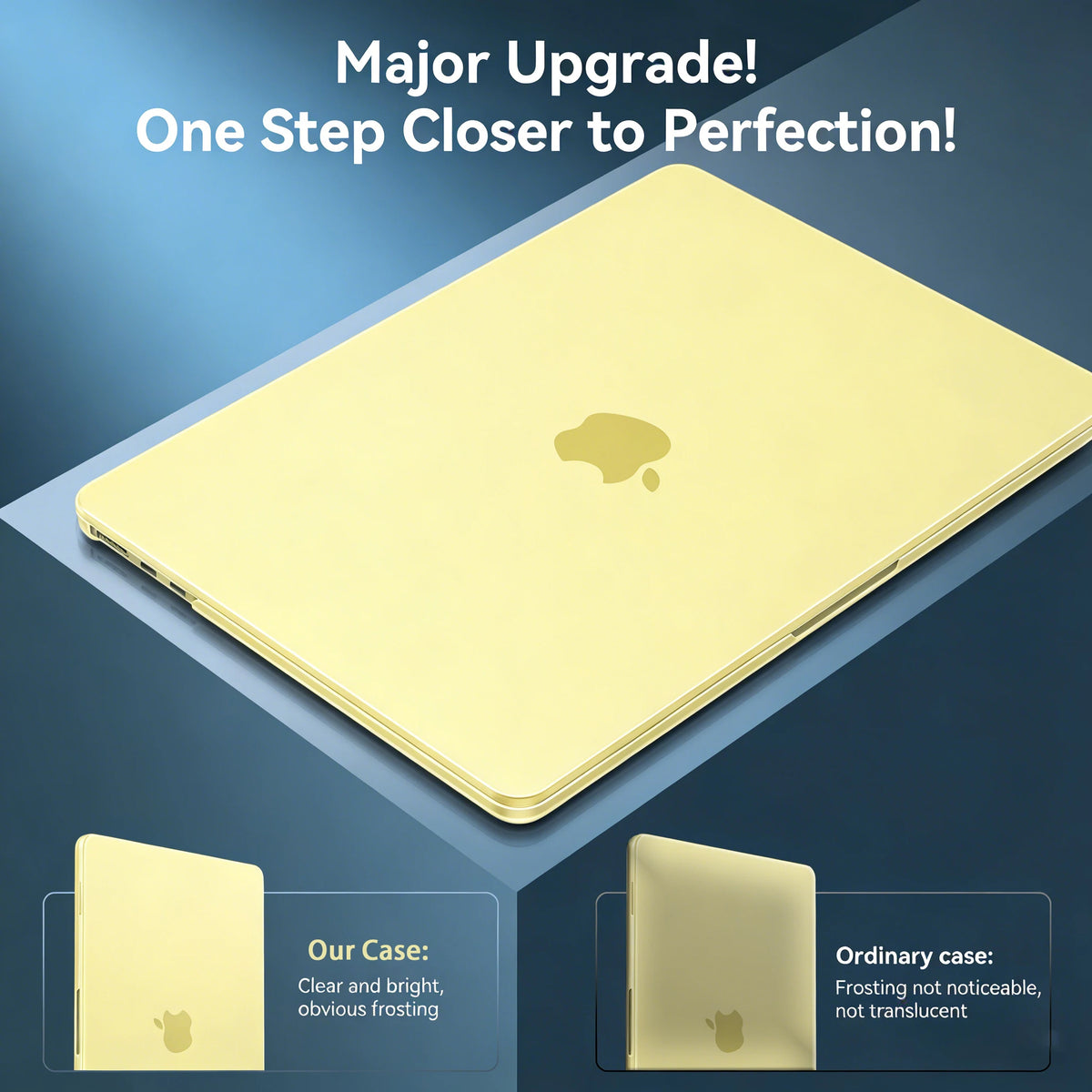 A gold protective case for a 13-inch laptop is shown next to its clear and ordinary versions.