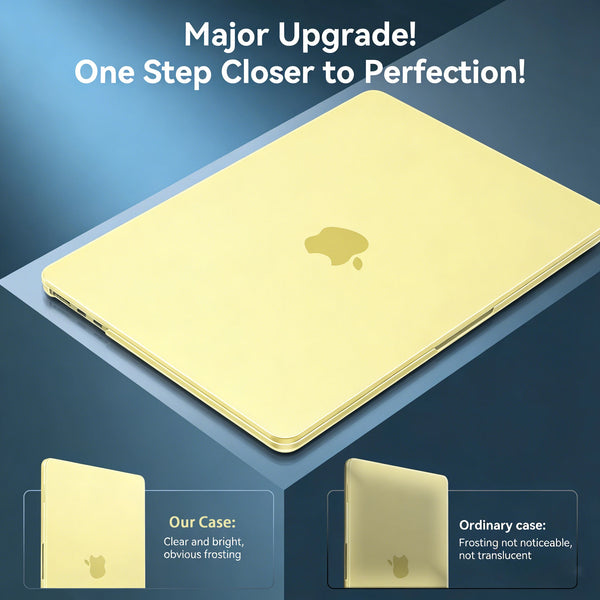 A gold protective case for a 13-inch laptop is shown next to its clear and ordinary versions.