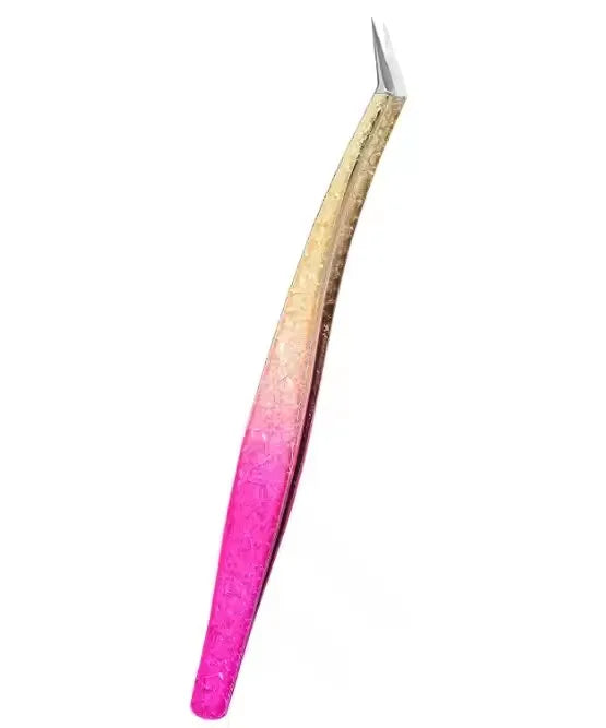 Precision eyelash extension tweezers with a gradient finish, showing pink and gold tones.