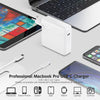 A white universal USB-C charger is shown next to a laptop and smartphone, with various electronic devices displayed below.