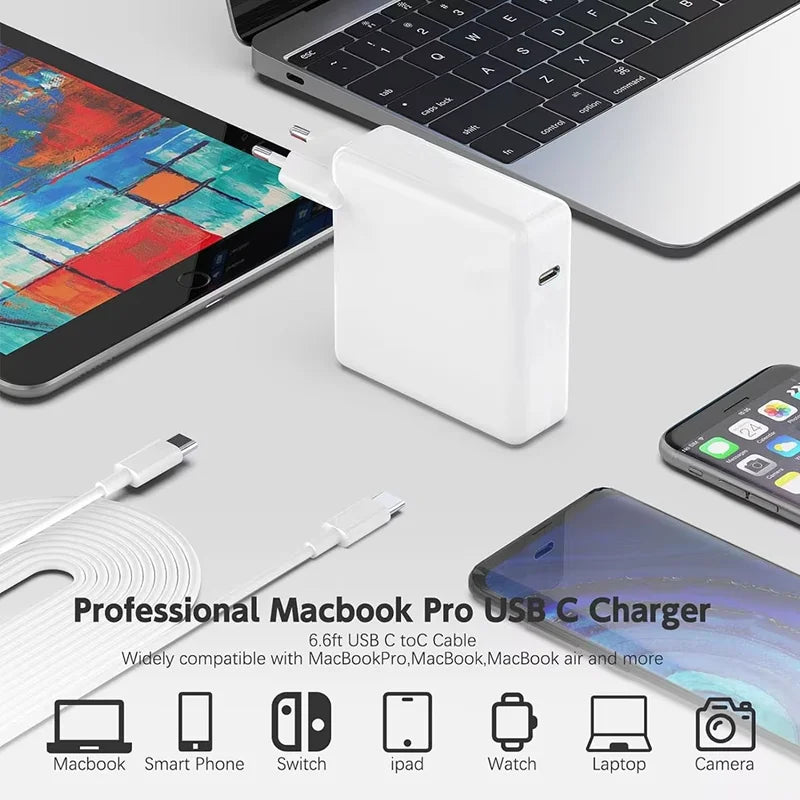A white universal USB-C charger is shown next to a laptop and smartphone, with various electronic devices displayed below.