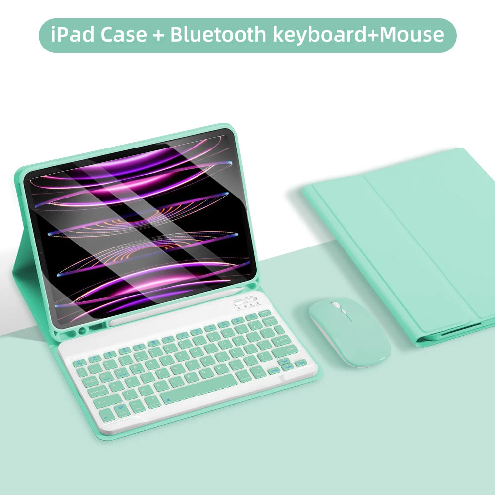 A light green iPad case is shown with a Bluetooth keyboard and mouse, alongside a matching folio cover.