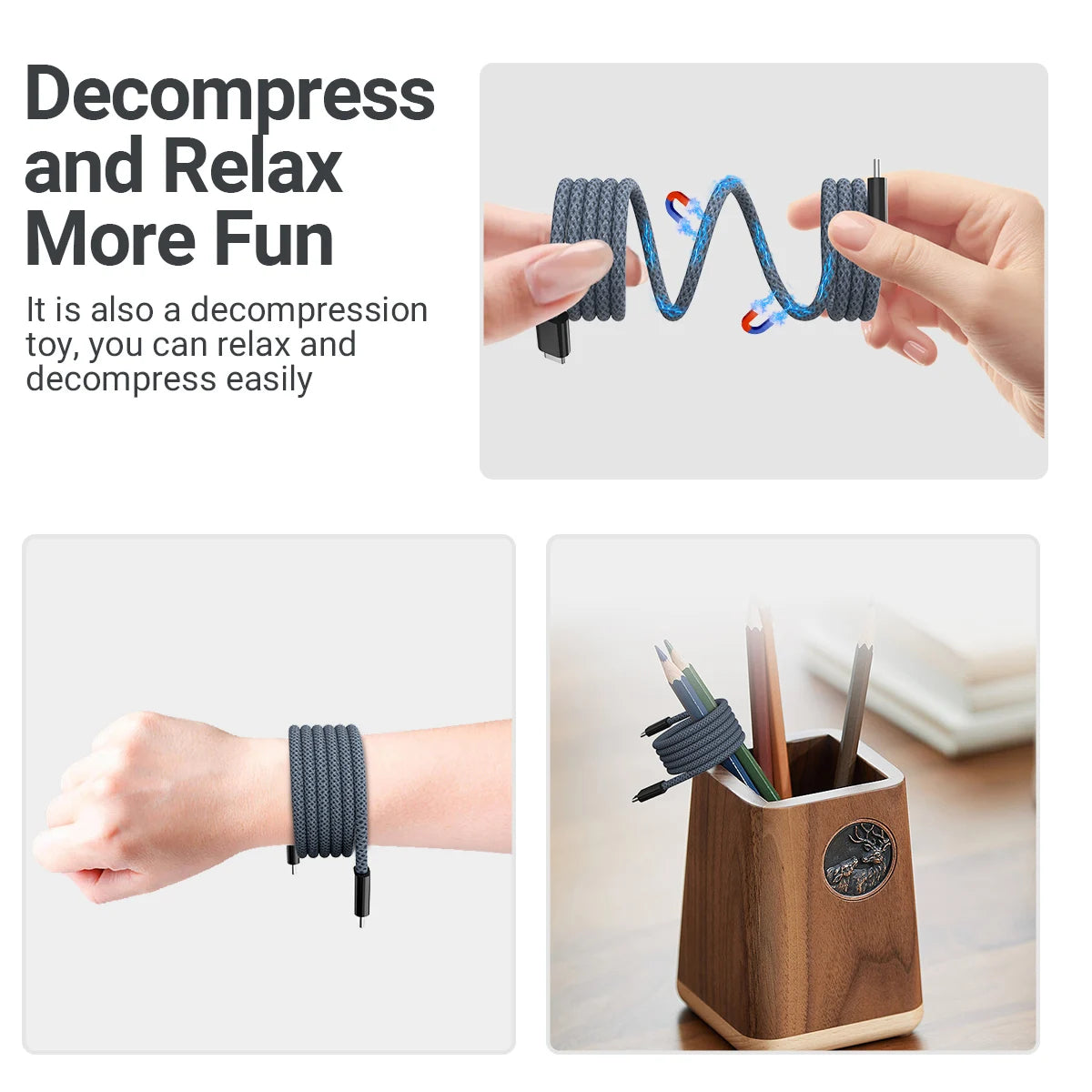 A black compression toy is shown being used to relax and decompress.
