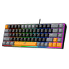 A black 68-key wired mechanical gaming keyboard with RGB backlighting and orange keycaps is shown from above.