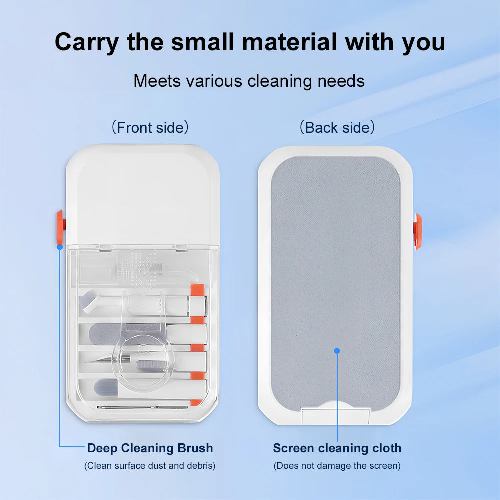 A white electronic cleaning kit with a front side showing a deep cleaning brush and a back side showing a screen cleaning clo