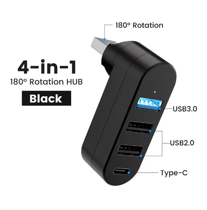 محول USB أسود 4 في 1 مع دوران 180 درجة، مزود بمنافذ USB 3.0 و USB 2.0 و Type-C.