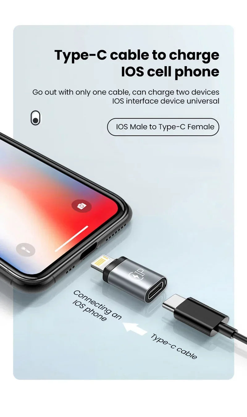 Ein USB-C-Kabel verbindet ein iOS-Telefon mit einem Gerät, das die Funktion eines universellen Adapters zeigt.
