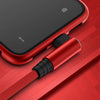 A red 90 degree elbow lightning cable with a braided cord is shown next to an iPhone.