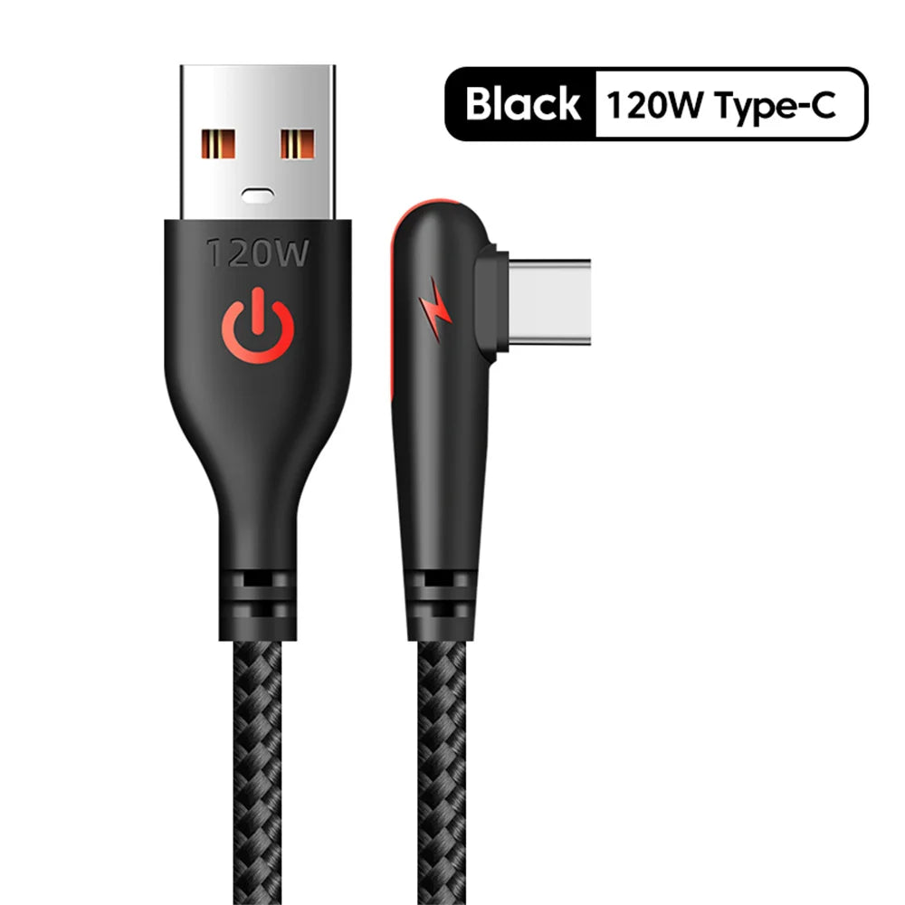 Black 120W Type-C charging cable with a durable braided cord and a power indicator.