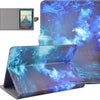 A blue nebula patterned leather folio case for a tablet and a gray protective cover.