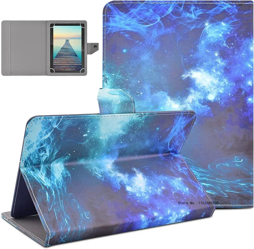 A blue nebula patterned leather folio case for a tablet and a gray protective cover.