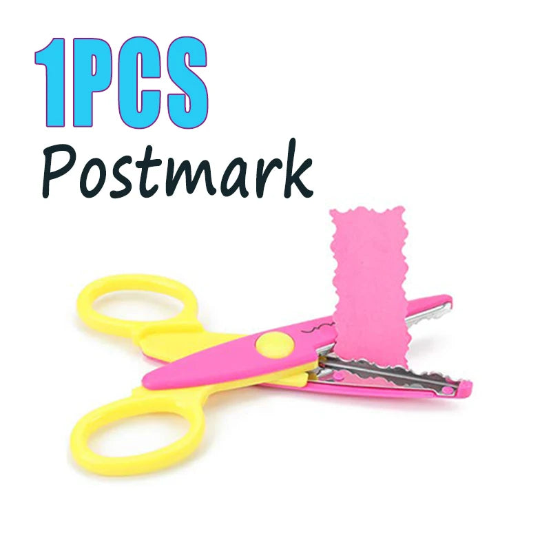 One piece of pink postmark stamp shown with yellow scissors for crafts and DIY projects