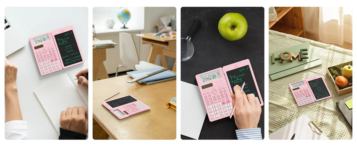 A pink scientific calculator with a built-in notepad is shown being used on a wooden desk.