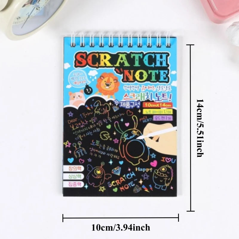 A vertical notebook titled SCRATCH NOTE with colorful illustrations and a grid of stylus sticks.