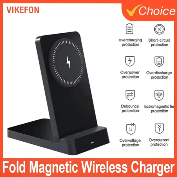 Black fold magnetic wireless charger stand with overcharging and short-circuit protection features