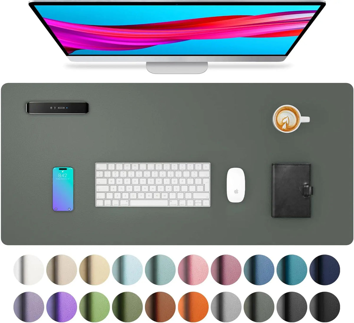 A large PU leather desk mat featuring various color swatches for a laptop and keyboard.