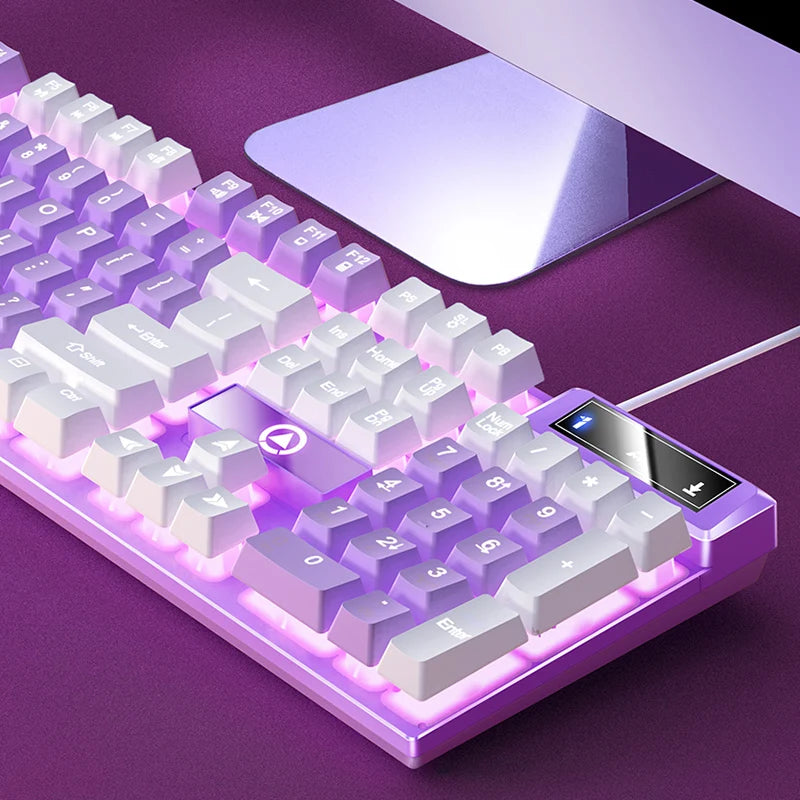 A purple high-performance wired gaming keyboard is shown with a translucent purple keycap and a matching light purple mousepa